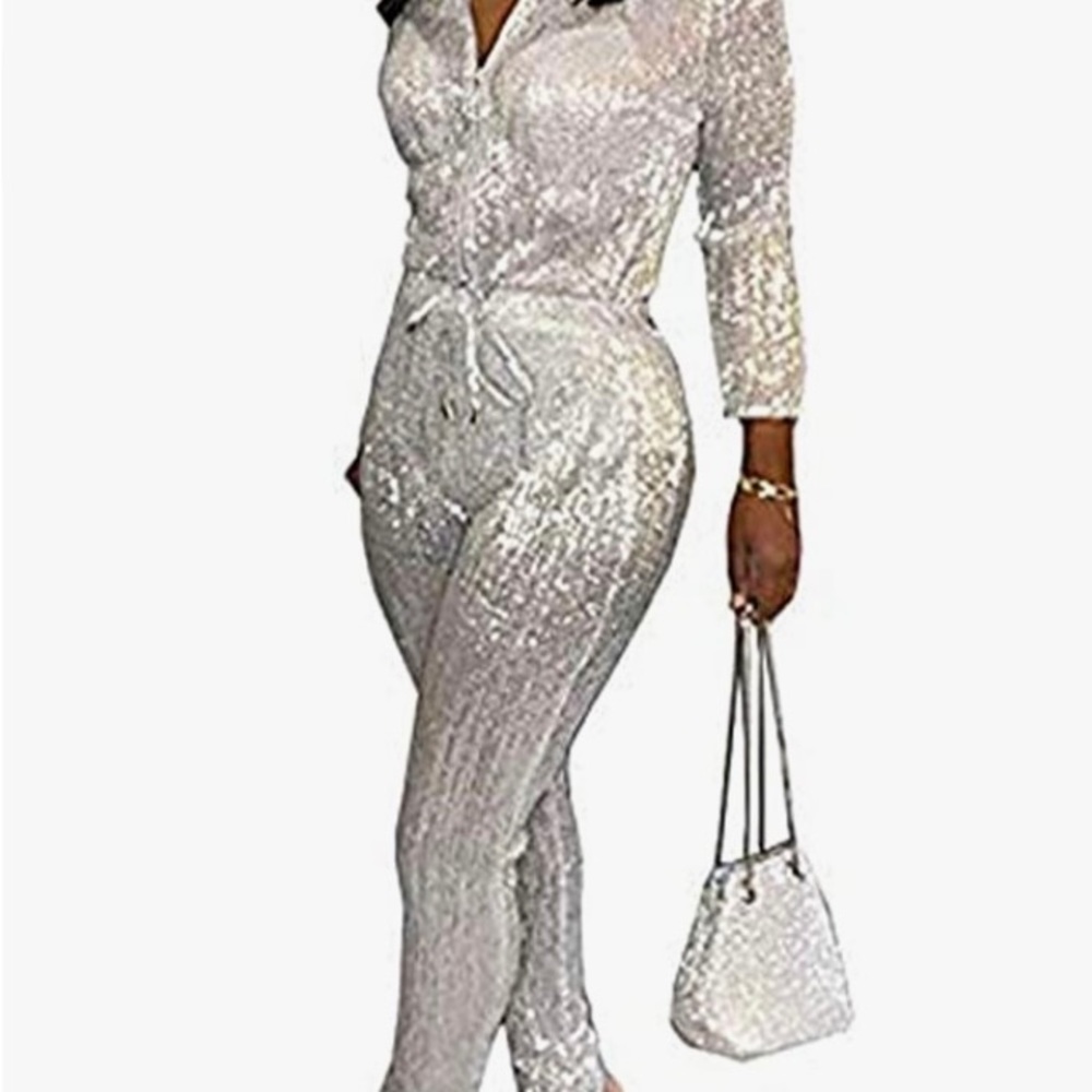 BODYCON METALLIC SILVER one piece Romper 3XL, Long sleeve, deep zipper neck